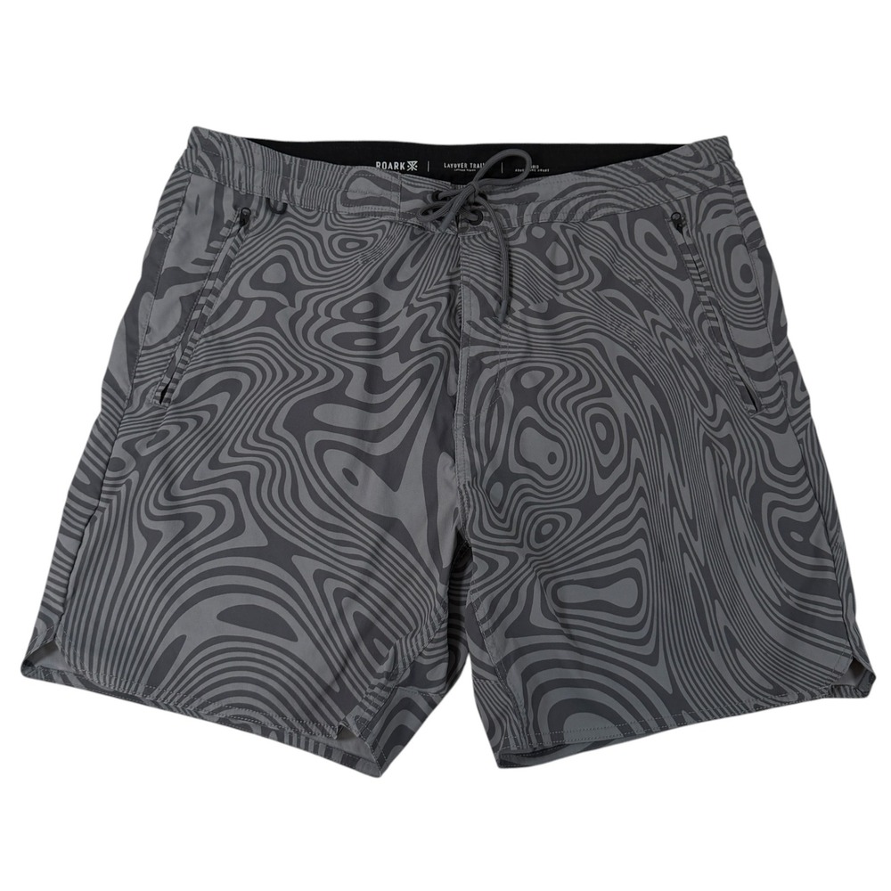 Roark Layover Trail Hybrid Adventure Shorts Mens 36 Grey Swirl Topographic Print